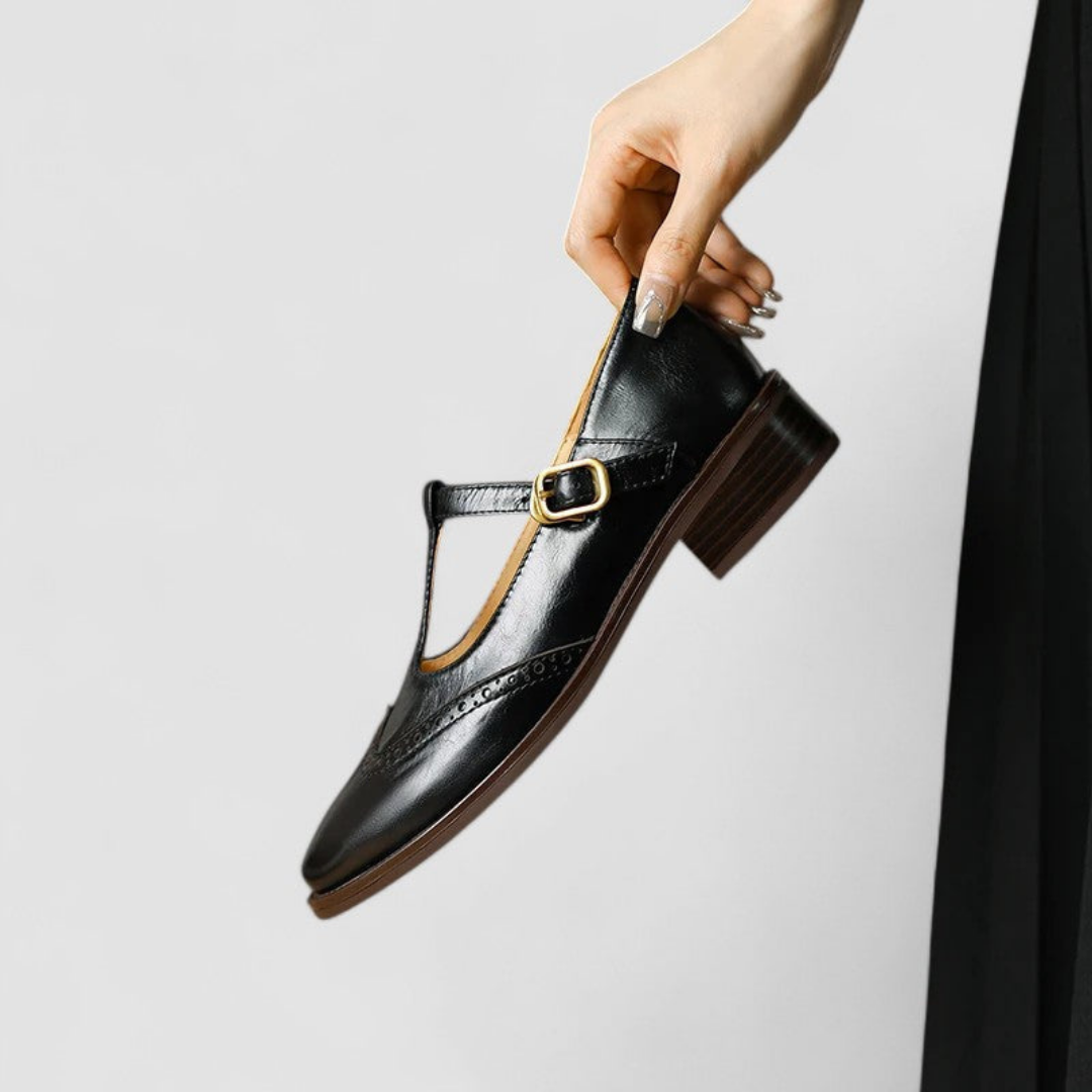 Wren | Women's Leather Brogue T-Bar Buckle Low Heel Shoes