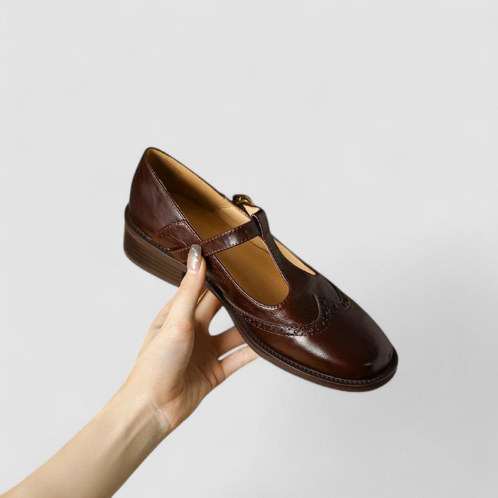 Wren | Women's Leather Brogue T-Bar Buckle Low Heel Shoes