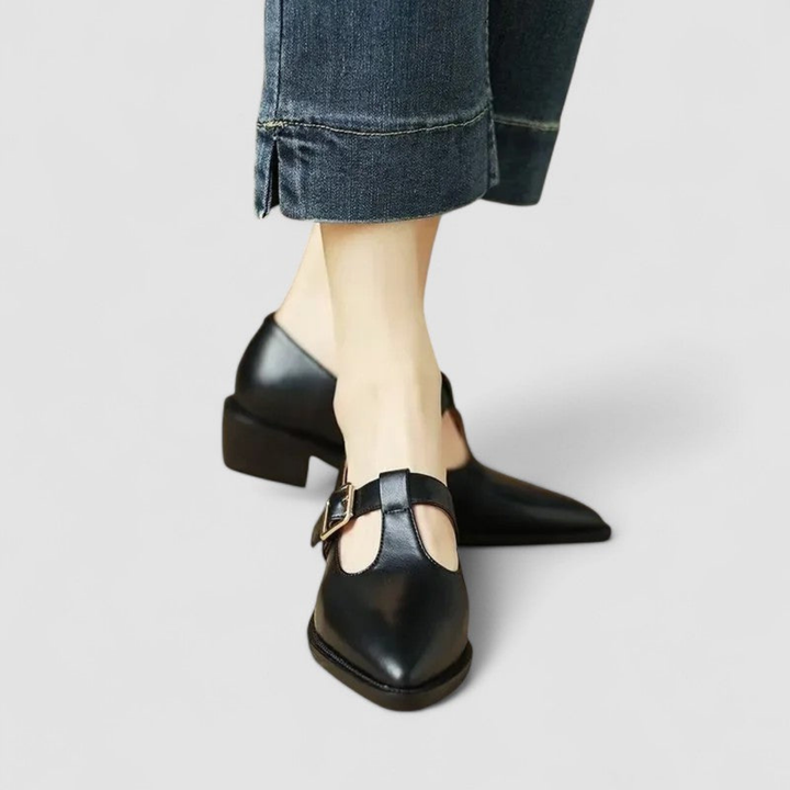 Wren | Women's Leather Pointed-Toe Mary Jane Block Heel Pumps