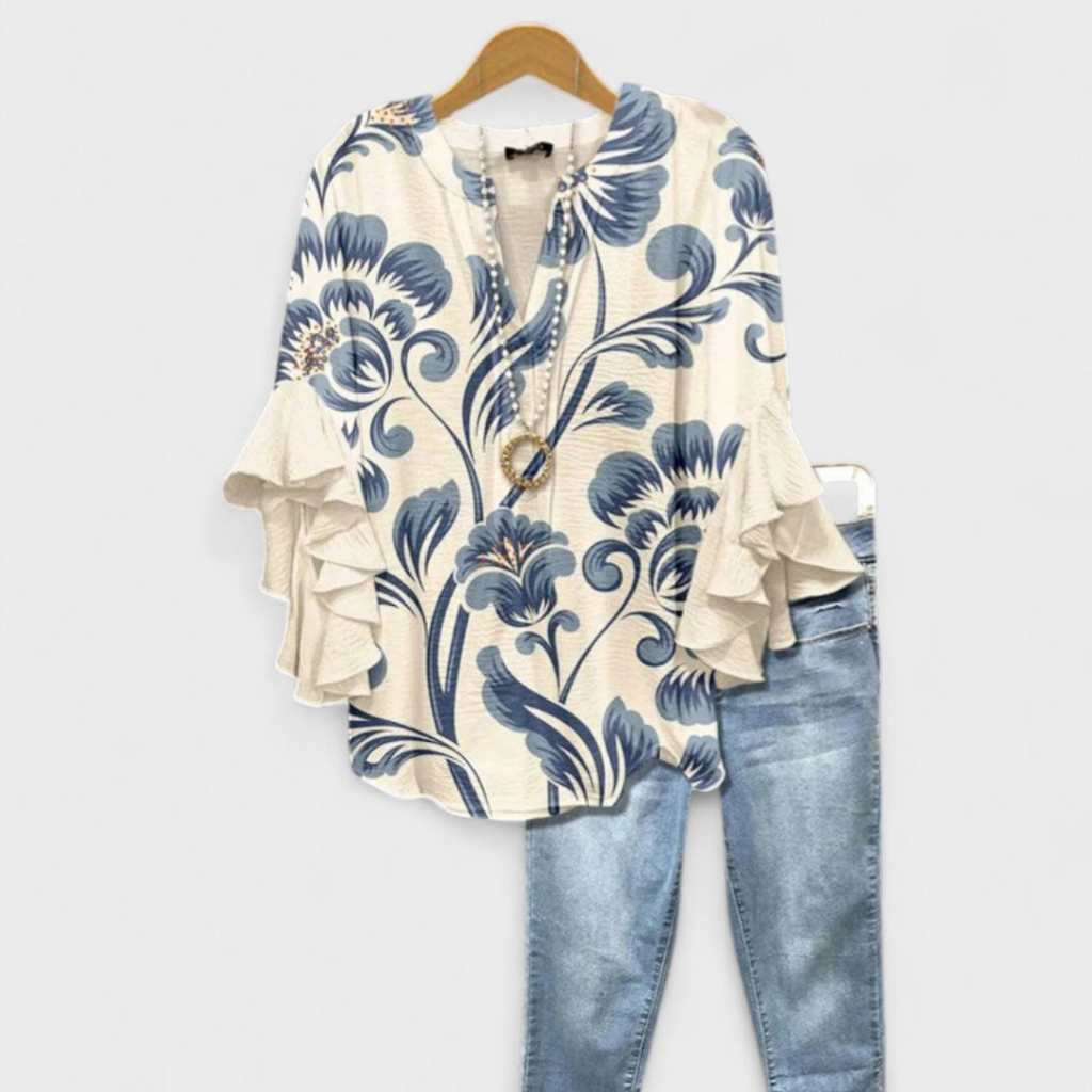 Wren | Women's Lightweight Print Ruffle Sleeve V-Neck Blouse