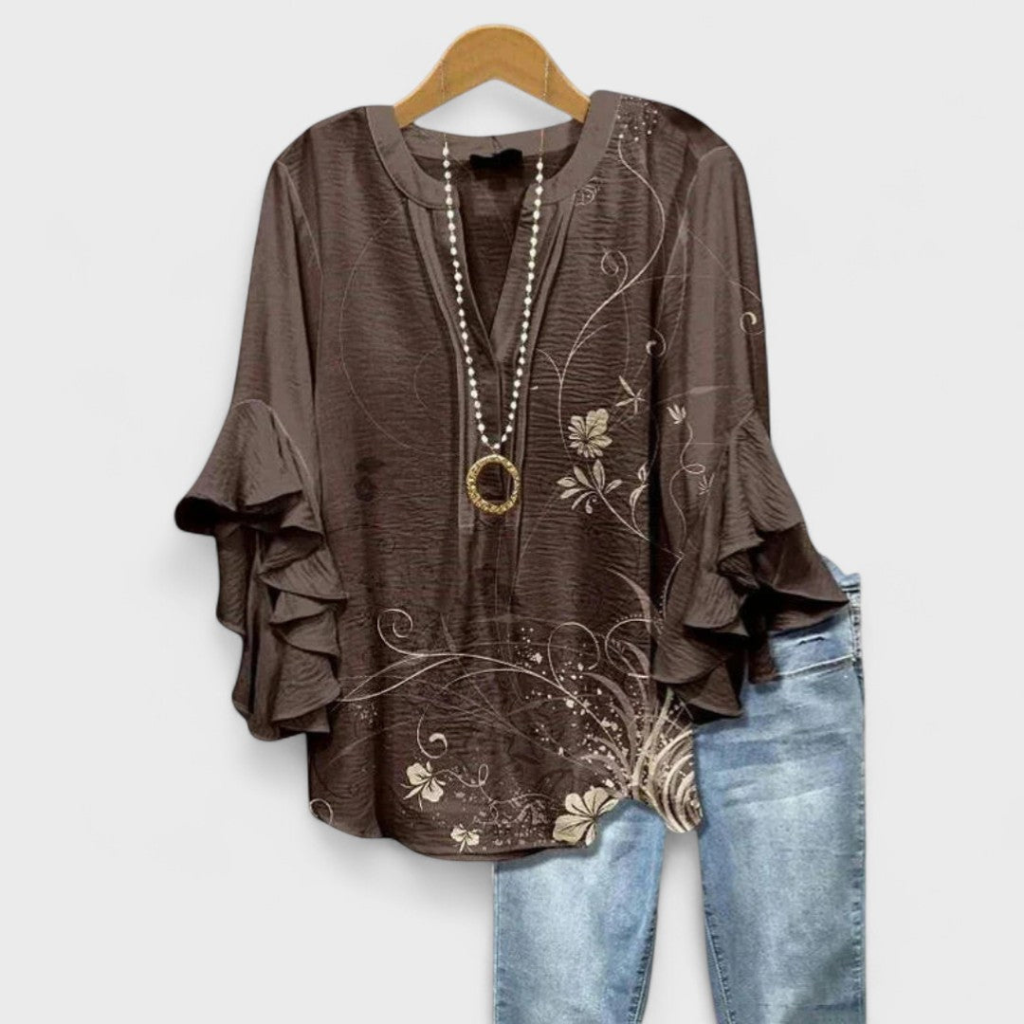 Wren | Women's Lightweight Print Ruffle Sleeve V-Neck Blouse