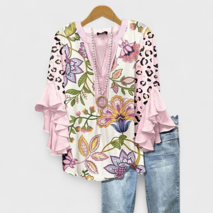 Wren | Women's Lightweight Print Ruffle Sleeve V-Neck Blouse