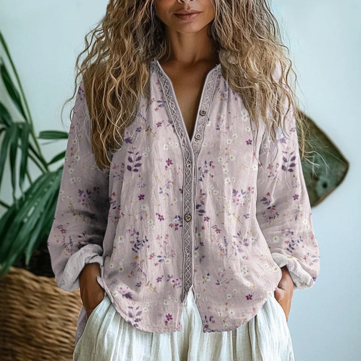 Wren | Women's Linen Boho Print V-Neck Button-Down Blouse