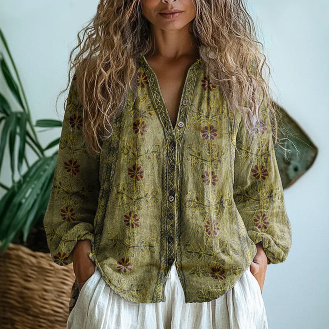 Wren | Women's Linen Boho Print V-Neck Button-Down Blouse