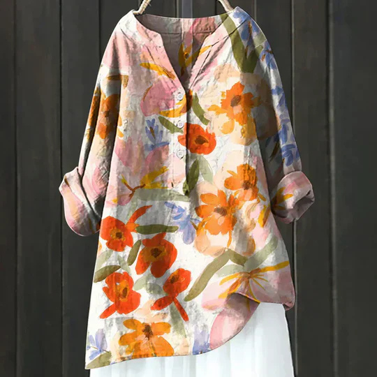 Yuki | Women's Linen Floral Print V-Neck Oversized Blouse