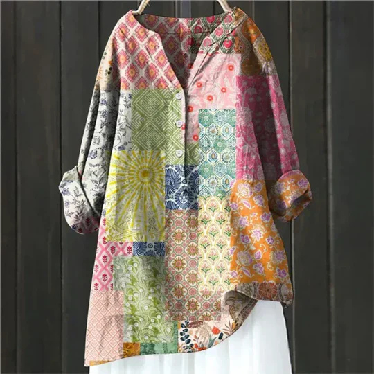 Yuki | Women's Linen Floral Print V-Neck Oversized Blouse