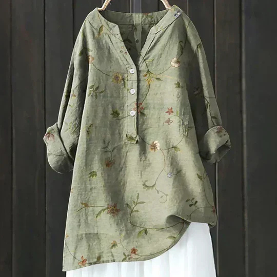Yuki | Women's Linen Floral Print V-Neck Oversized Blouse