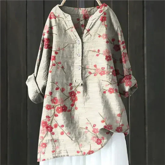 Yuki | Women's Linen Floral Print V-Neck Oversized Blouse