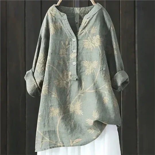 Yuki | Women's Linen Floral Print V-Neck Oversized Blouse