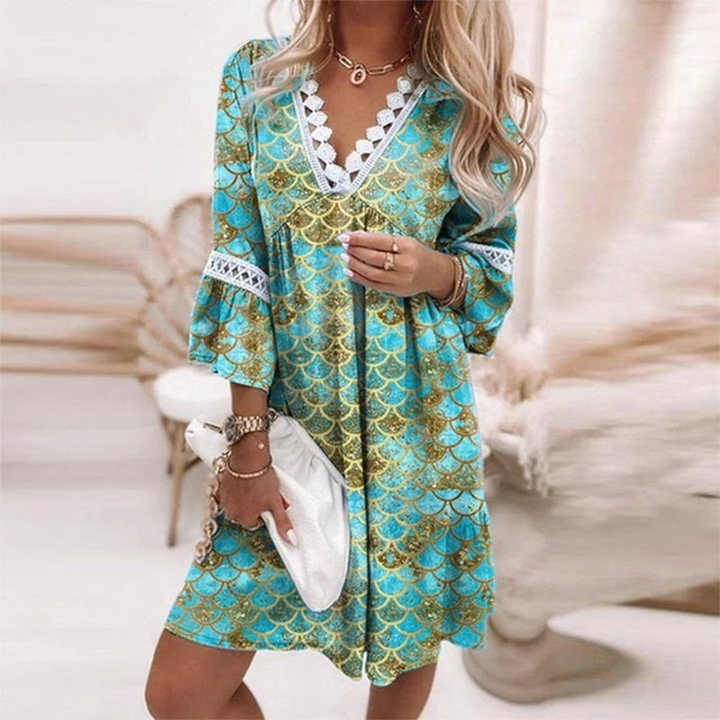 Zara | Women's Chiffon Boho Print V-Neck Long-Sleeve Mini Dress