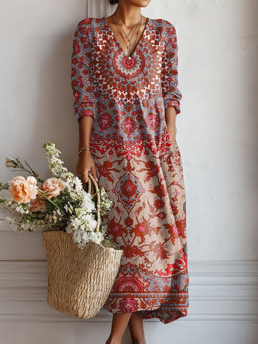 Zara | Women's Cotton V-Neck Boho Medallion Print Maxi Dress