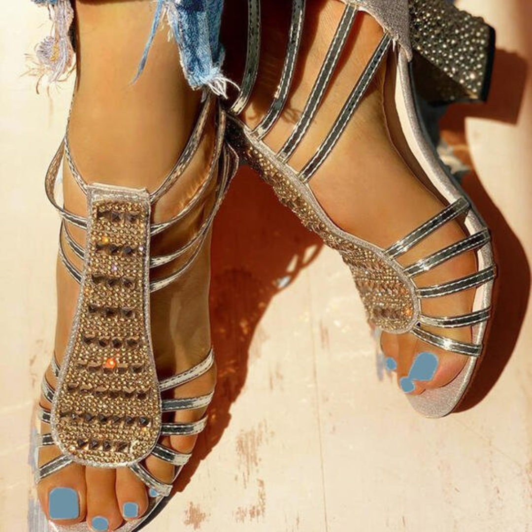 Zara | Women's Leather Rhinestone Strappy Caged Block Heel Sandals