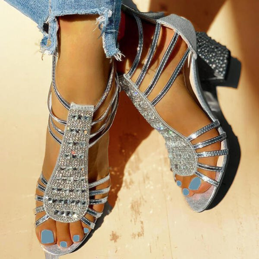 Zara | Women's Leather Rhinestone Strappy Caged Block Heel Sandals