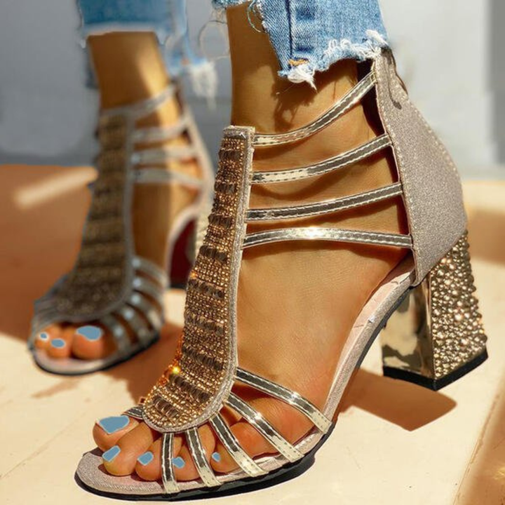 Zara | Women's Leather Rhinestone Strappy Caged Block Heel Sandals