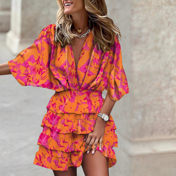 Zara | Women's Satin Printed V-Neck Ruffle Mini Dress