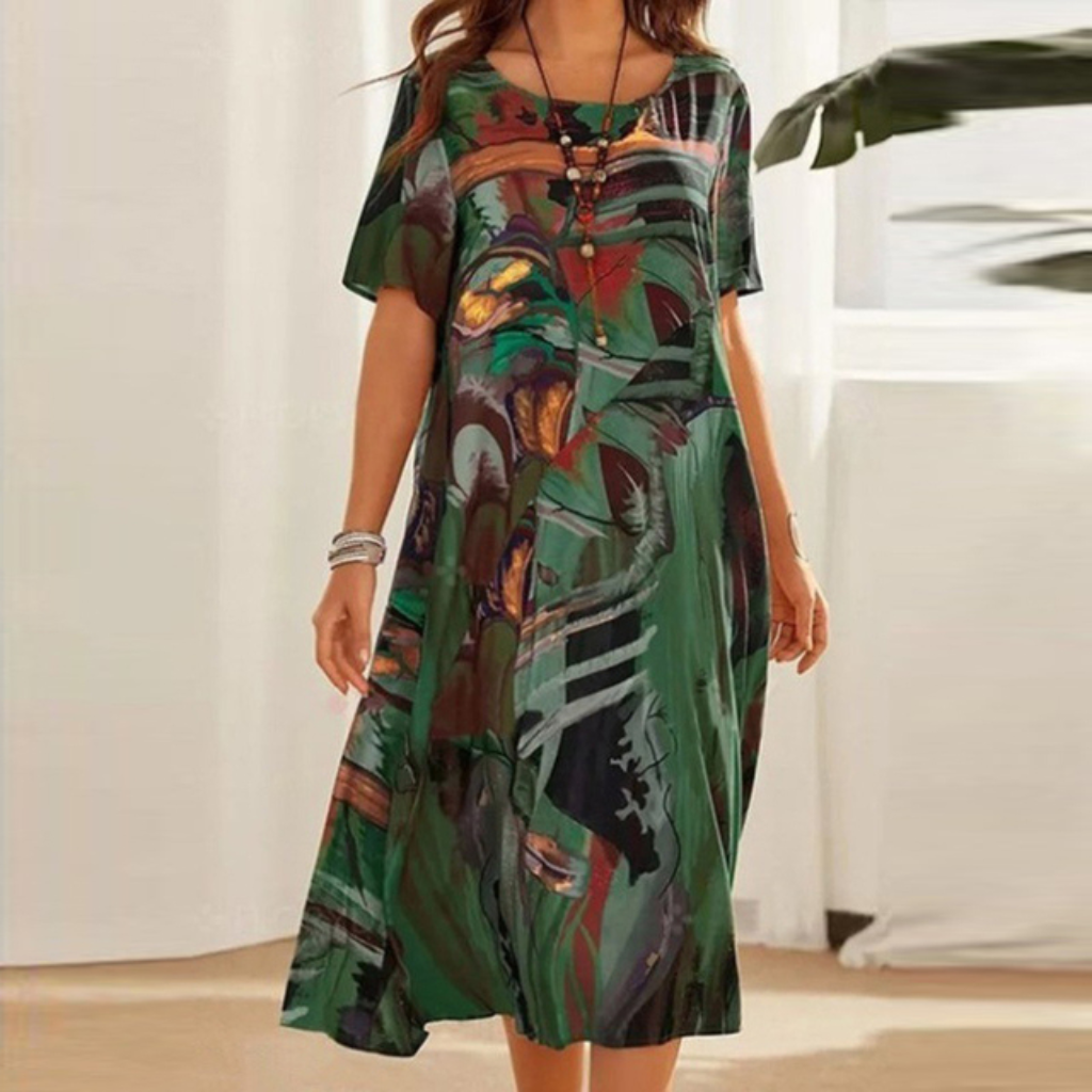 Zephyr | Women's Cotton Abstract Print Round Neck Short Sleeve Midi Dress