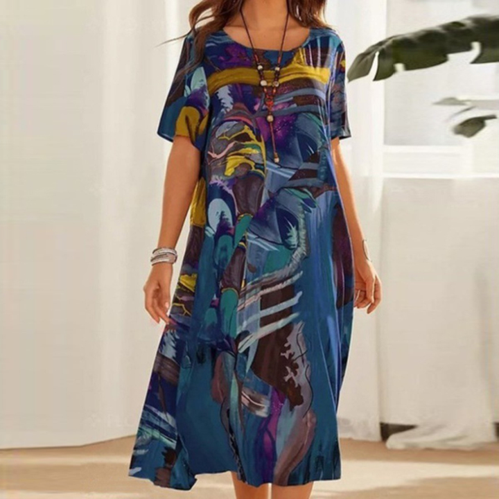 Zephyr | Women's Cotton Abstract Print Round Neck Short Sleeve Midi Dress