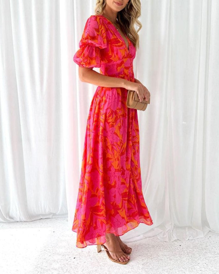 Zinnia | Women's Red Chiffon Print Puff Sleeve V-Neck Maxi Dress