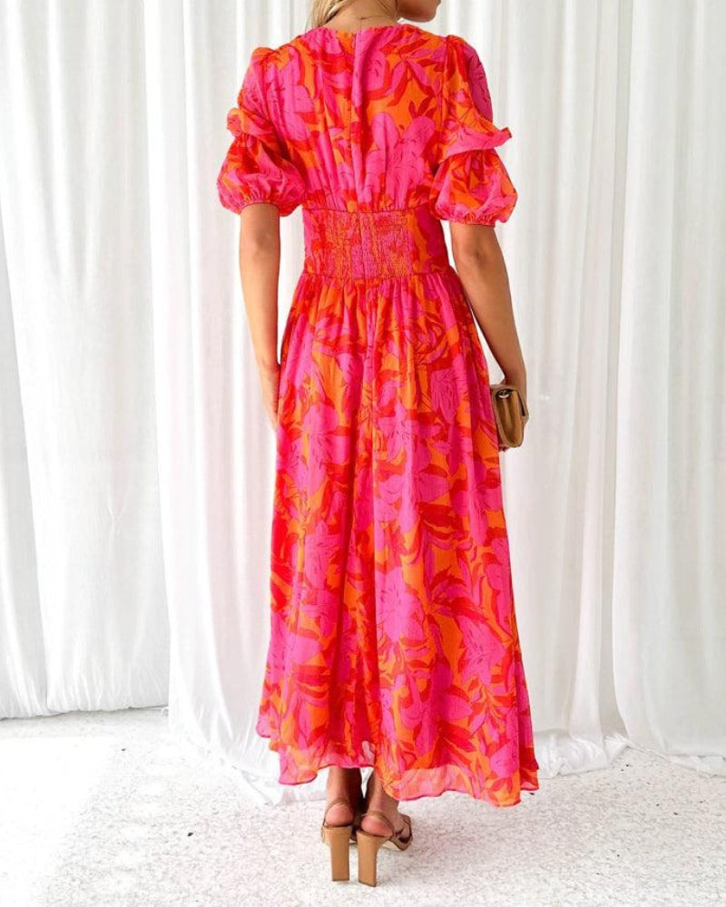 Zinnia | Women's Red Chiffon Print Puff Sleeve V-Neck Maxi Dress