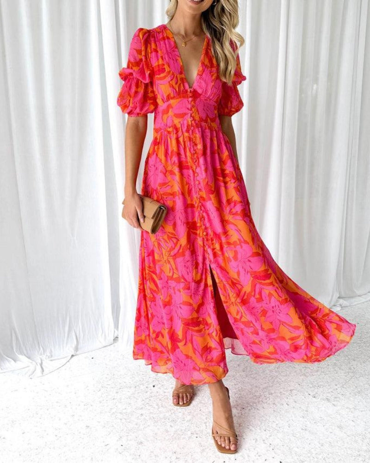Zinnia | Women's Red Chiffon Print Puff Sleeve V-Neck Maxi Dress