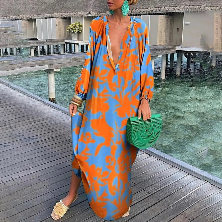 Zola | Women's Chiffon Bold Print V-Neck Kaftan Maxi Dress