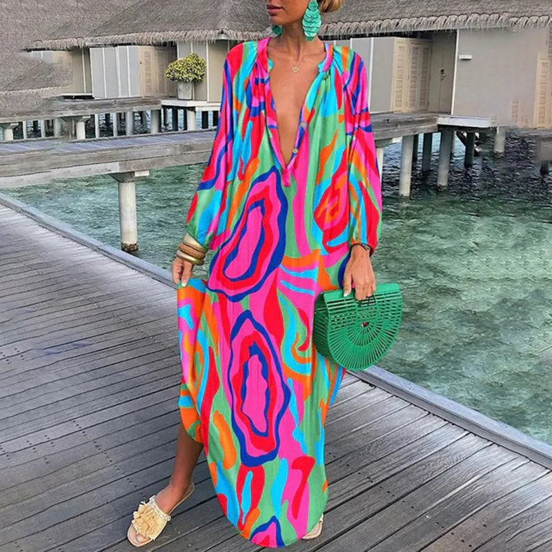Zola | Women's Chiffon Bold Print V-Neck Kaftan Maxi Dress