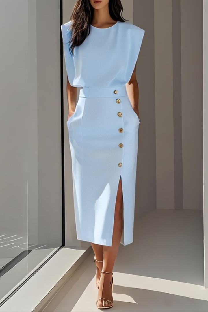 Zola | Women's Stretch Structured Shoulder Button-Front Midi Dress