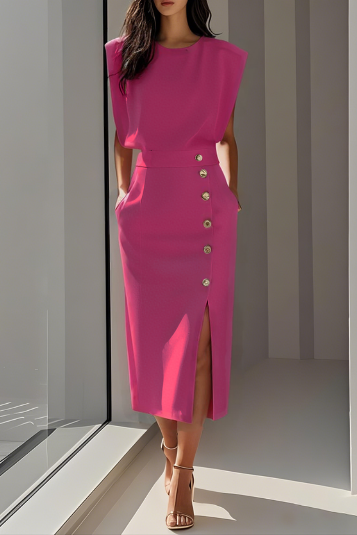 Zola | Women's Stretch Structured Shoulder Button-Front Midi Dress