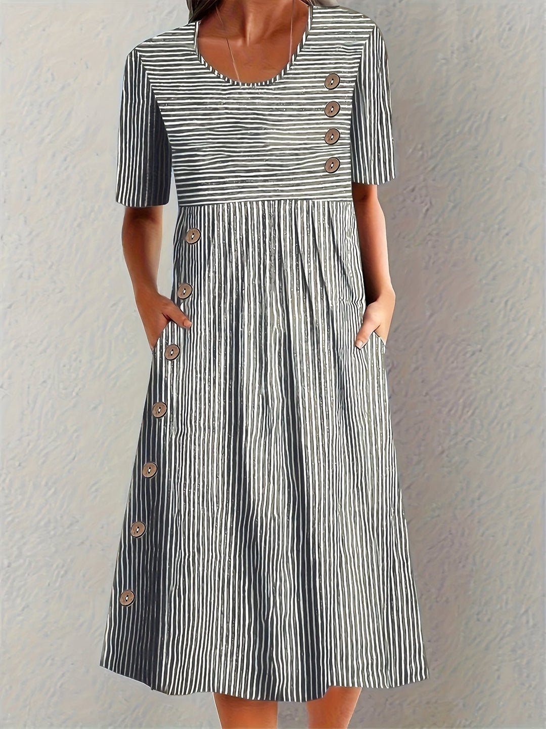 Liana's Buttoned Charm | Striped Midi Dress