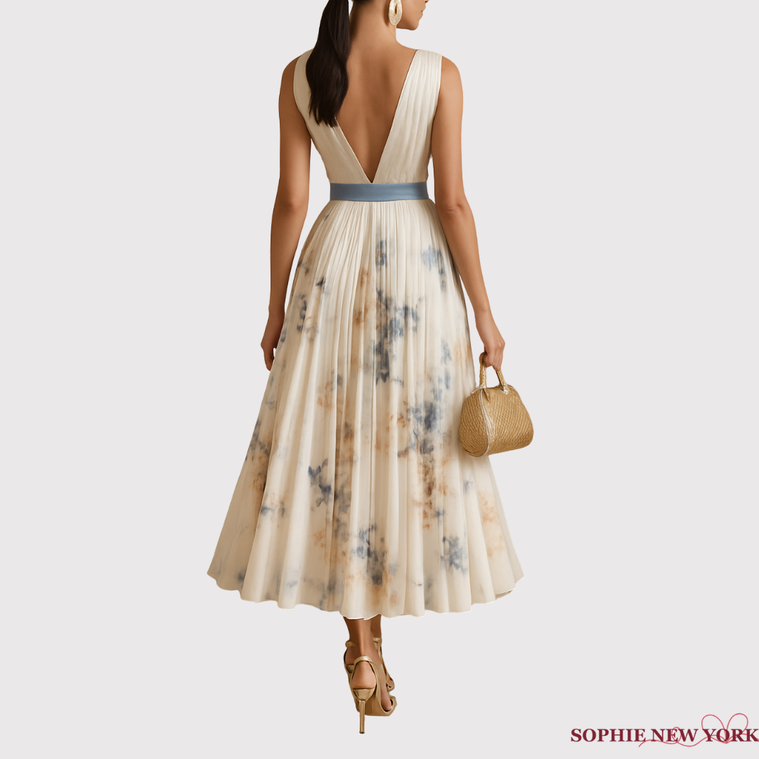 Elara's Poised Grace | Pleated V-Neck Midi Dress
