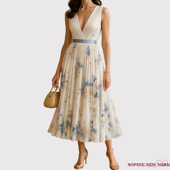 Elara's Poised Grace | Pleated V-Neck Midi Dress