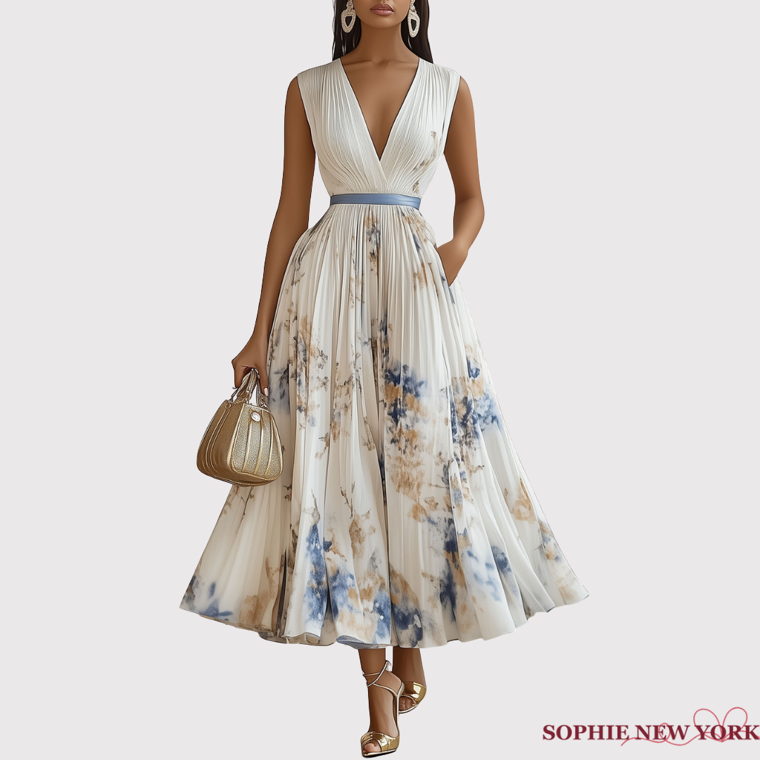 Elara's Poised Grace | Pleated V-Neck Midi Dress