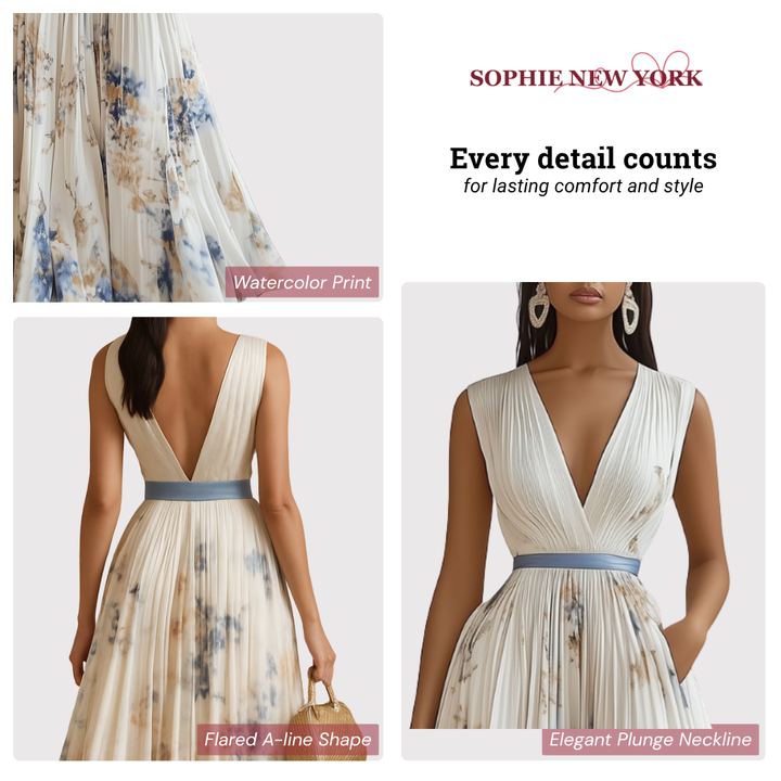 Elara's Poised Grace | Pleated V-Neck Midi Dress