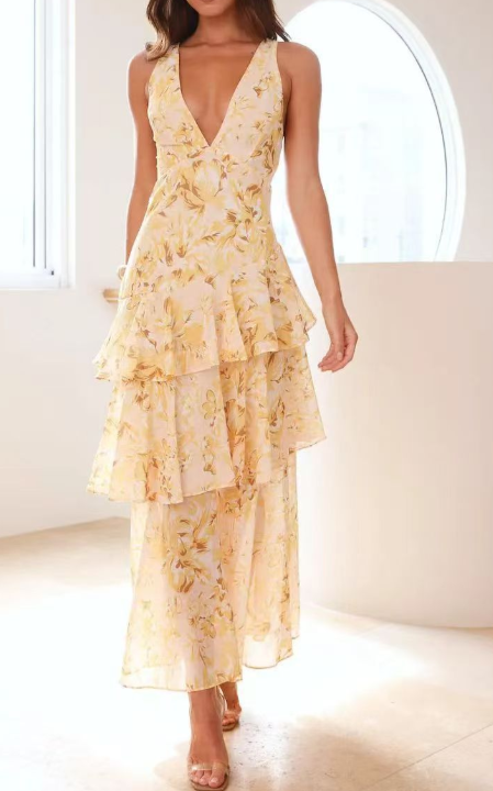 Talia's Ocean Layers | Tiered V-Neck Maxi Dress