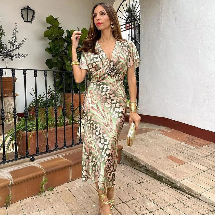 Alina's Garden Glow | Printed Wrap Midi Dress
