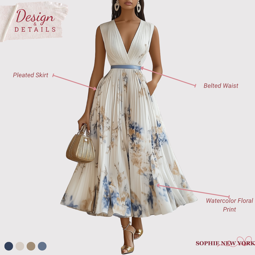 Elara's Poised Grace | Pleated V-Neck Midi Dress