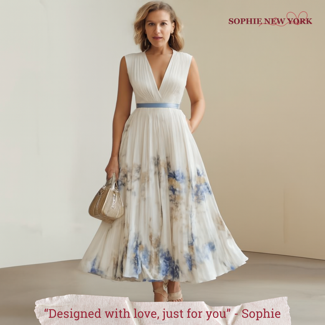 Elara's Poised Grace | Pleated V-Neck Midi Dress